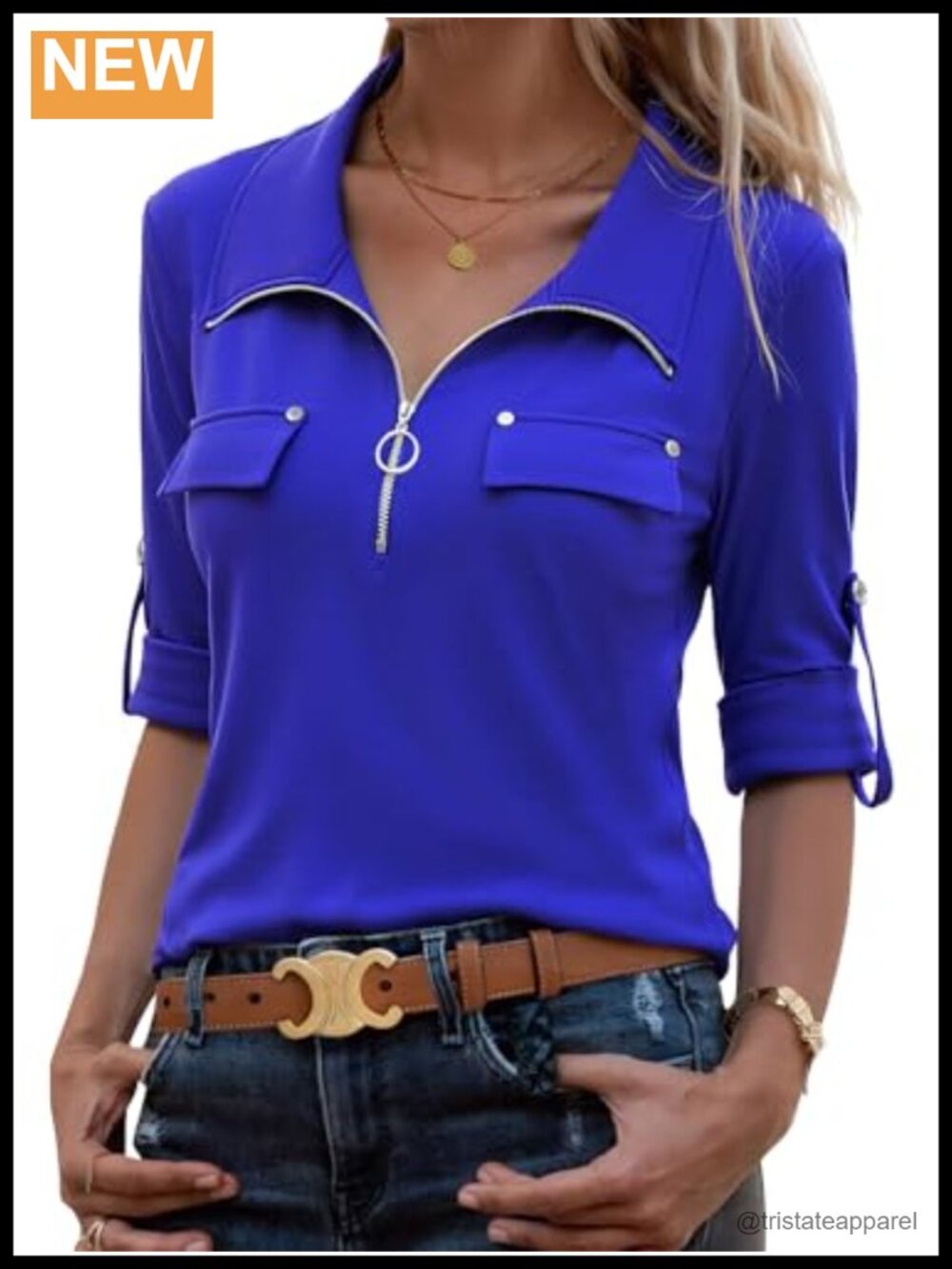 Women's 3/4 Sleeve Plus Size Tunic Top V Neck Zip Office Blouse